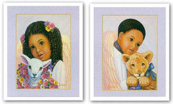 Boy Angel with Lion Cub-Girl Angel with Lamb Set by Gretchen Barker